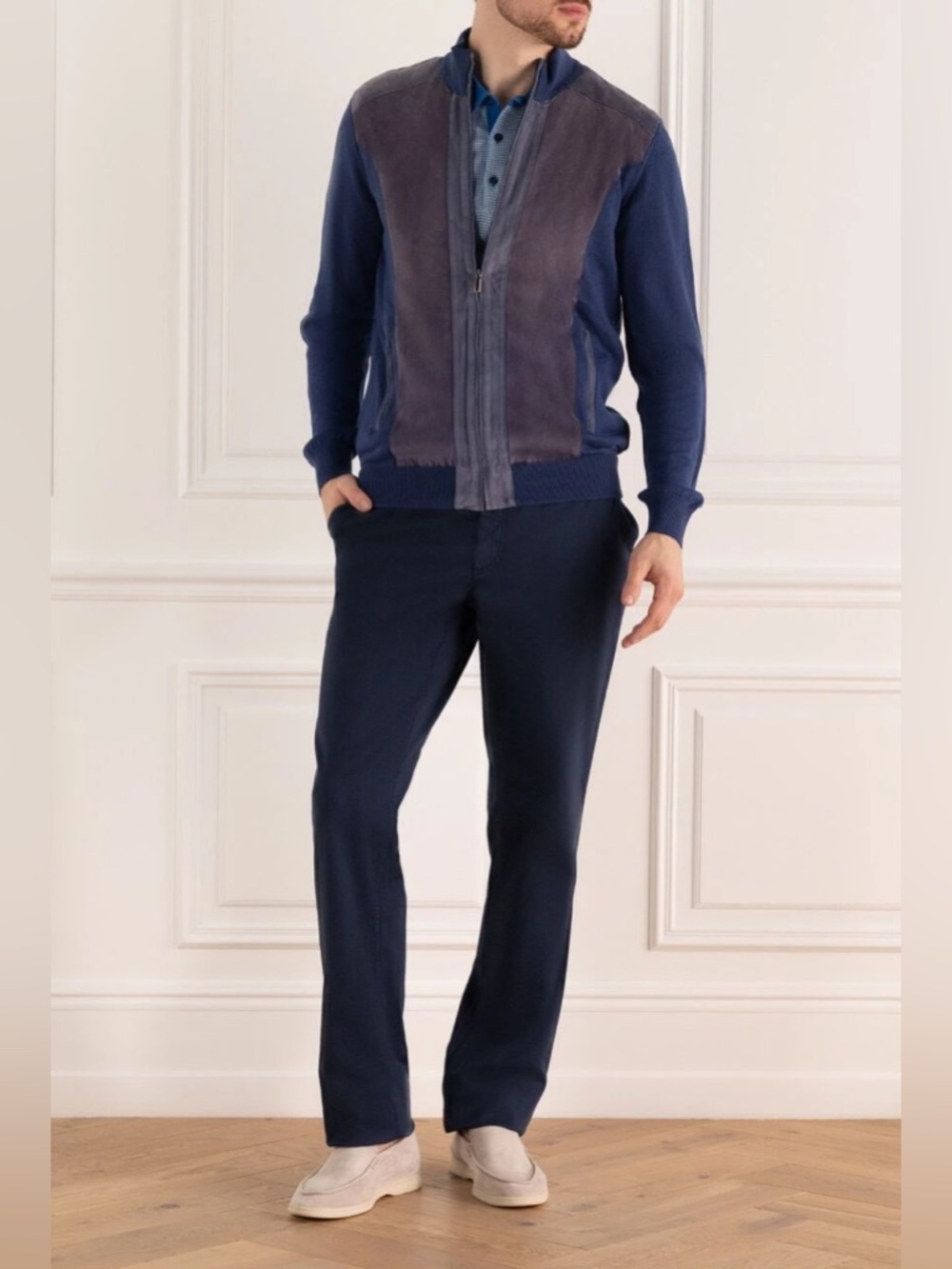 ZILLI Linen Silk Cashmere Cardigan w/ Suede Panels Size 52 VGUC